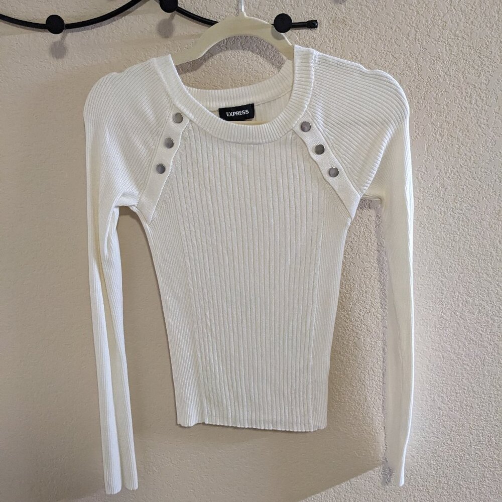 Express Ribbed White Button Women's Crewneck Size XS NWOT